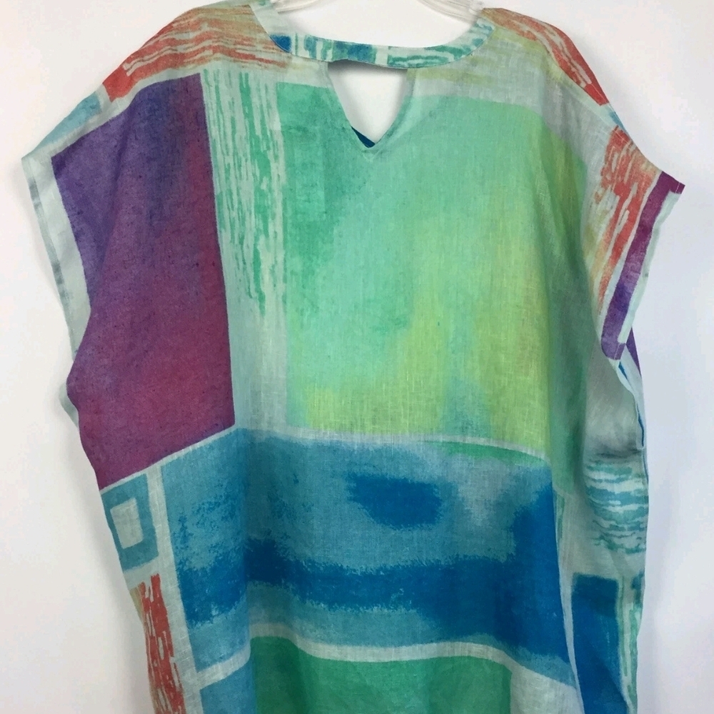 Chico's Linen V-Neck Top in Aqua, Teal, Coral & Purple Stripes - Picture 2 of 10